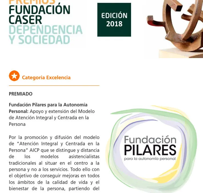 Fundación Pilares, Premio CASER Dependencia y Sociedad 2018 en la Categoría Excelencia