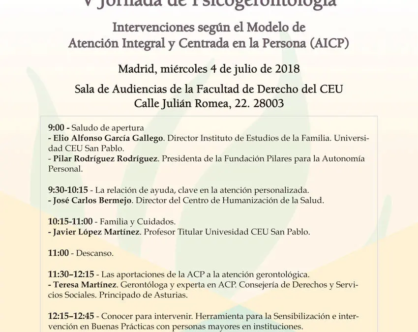 V Jornada de psicogerontología: intervenciones según el modelo Atención Integral y Centrada en la Persona (AICP)
