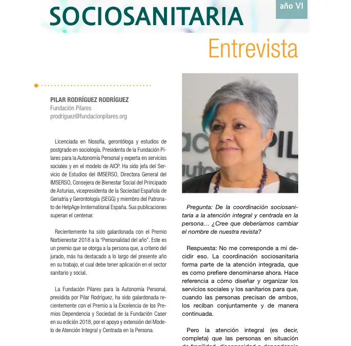 Entrevista a Pilar Rodríguez en la Revista Actas de Coordinación Sociosanitaria, Nº22.