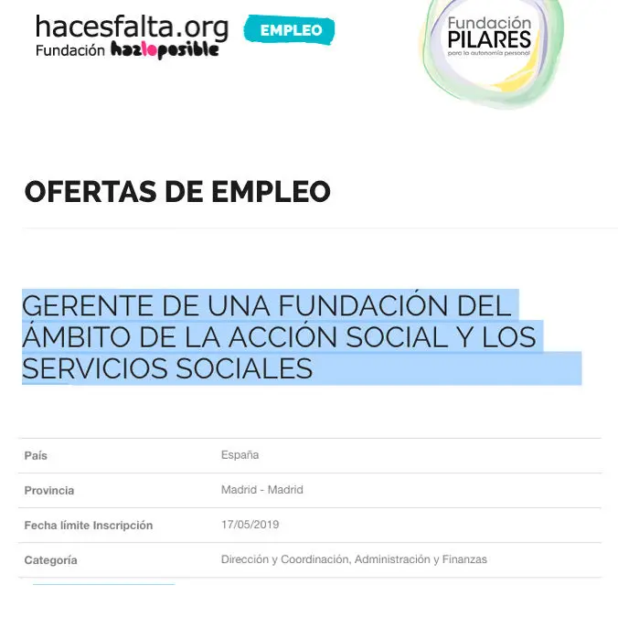 Oferta de empleo: GERENTE en Fundación Pilares