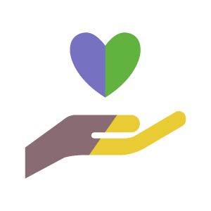 Inicio Fundación Pilares Icono de mano sosteniendo corazón con texto: Atención en domicilio y entorno