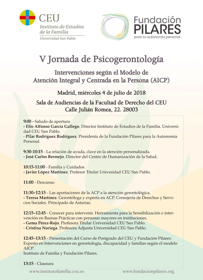 V Jornada de psicogerontología: intervenciones según el modelo Atención Integral y Centrada en la Persona (AICP) V Jornada de psicogerontología: intervenciones según el modelo Atención Integral y Centrada en la Persona (AICP)