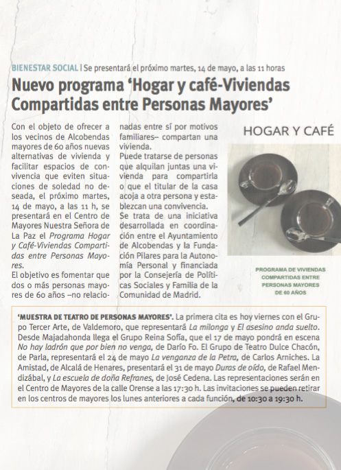 Presentación del Programa Hogar y Café -Viviendas Compartidas entre Personas Mayores-, a Entidades/Asociaciones/Personas Mayores del municipio de Alcobendas Programa Hogar y Café -Viviendas Compartidas entre Personas Mayores-