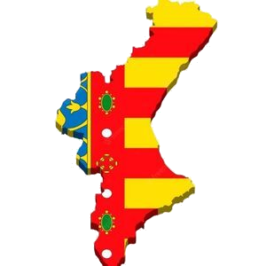 Mapa con la forma de la Comunidad Valenciana decorado con la bandera autonómica en colores rojo, amarillo y azul con detalles heráldicos