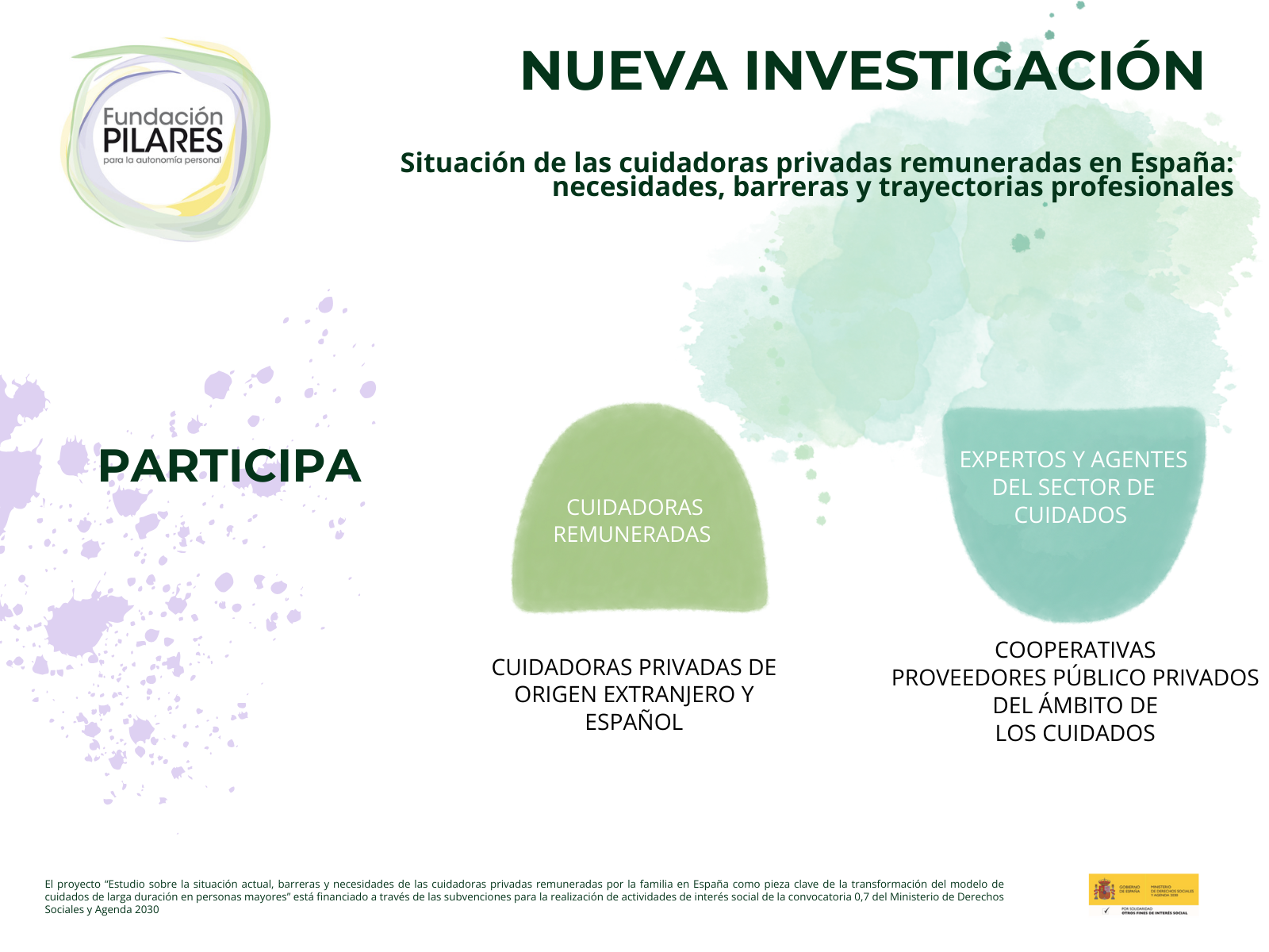 Investigación y evaluación Cartel con título Nueva Investigación sobre cuidados, incluye texto informativo y logotipo Fundación Pilares
