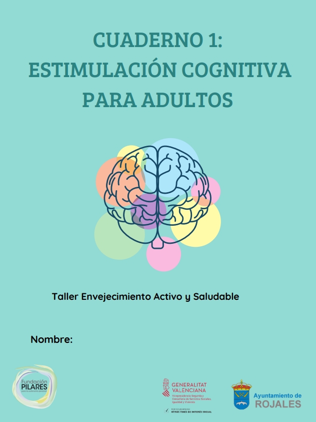 Portada del Cuaderno 1: Estimulación Cognitiva para Adultos, color verde azulado, con ilustración de cerebro multicolor
