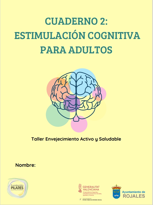 Portada del Cuaderno 2: Estimulación Cognitiva para Adultos, color amarillo, con ilustración de cerebro multicolor