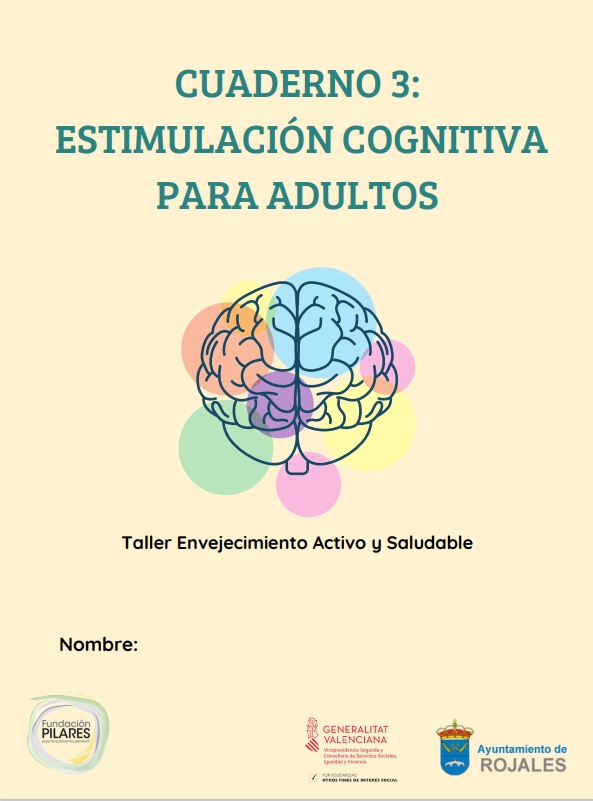 Portada del Cuaderno 3: Estimulación Cognitiva para Adultos, color beige, con ilustración de cerebro multicolor