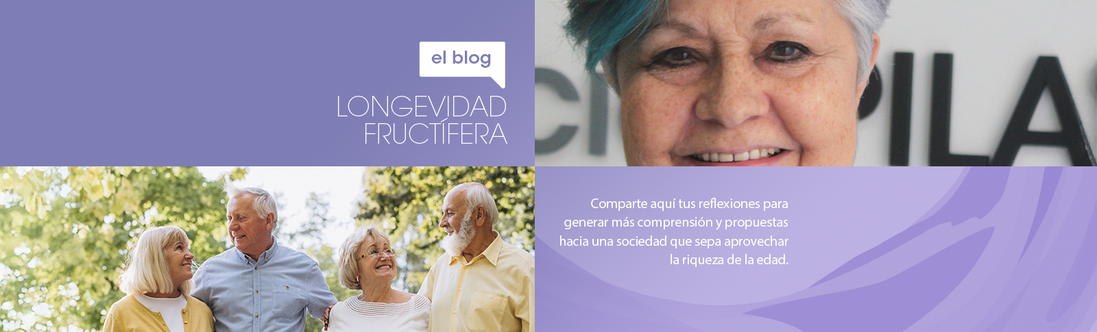 Cabecera de blog titulada Longevidad Fructífera con fondo morado y foto de grupo al aire libre.