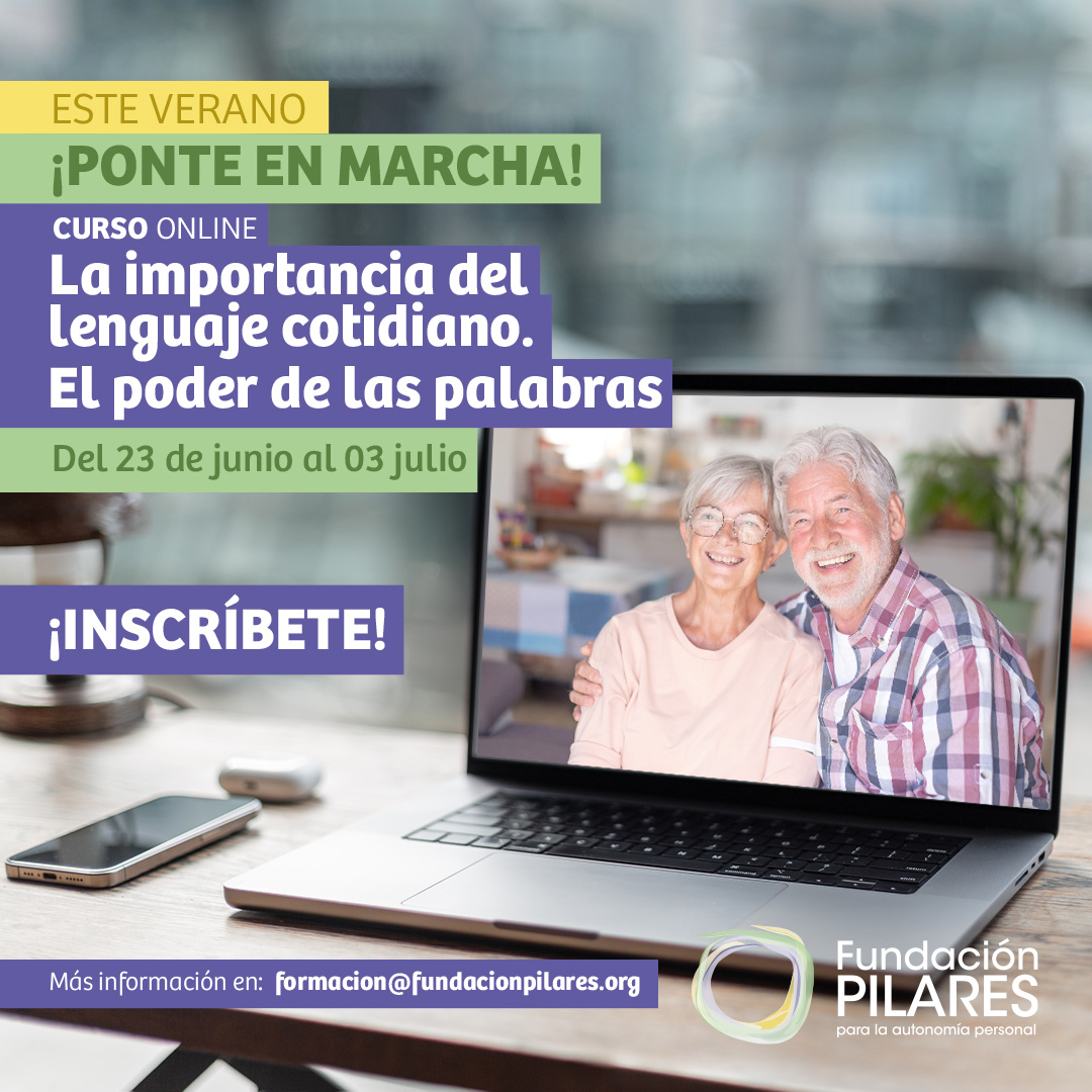 Cartel curso online La importancia del lenguaje cotidiano, El poder de las palabras, con portátil mostrando imagen