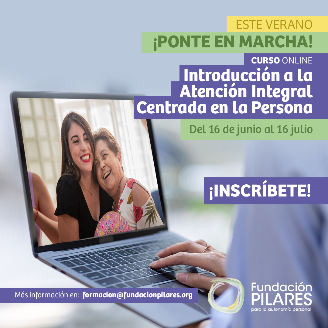 Cartel curso online Introducción a la Atención Integral Centrada en la Persona, con portátil y texto ¡Inscríbete!