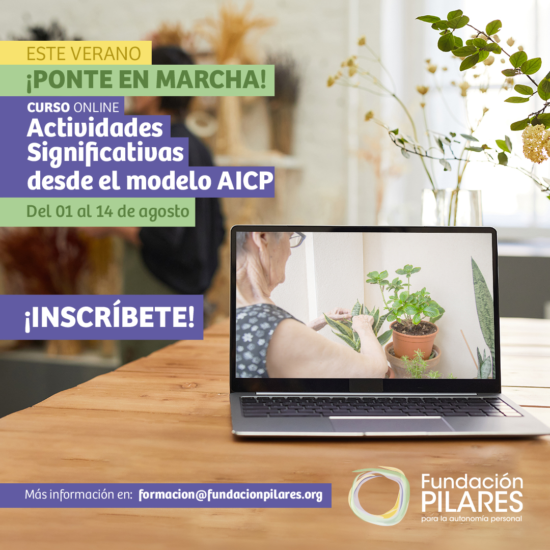 Cartel curso online Actividades Significativas desde el modelo AICP, con portátil mostrando imagen y texto ¡Inscríbete!